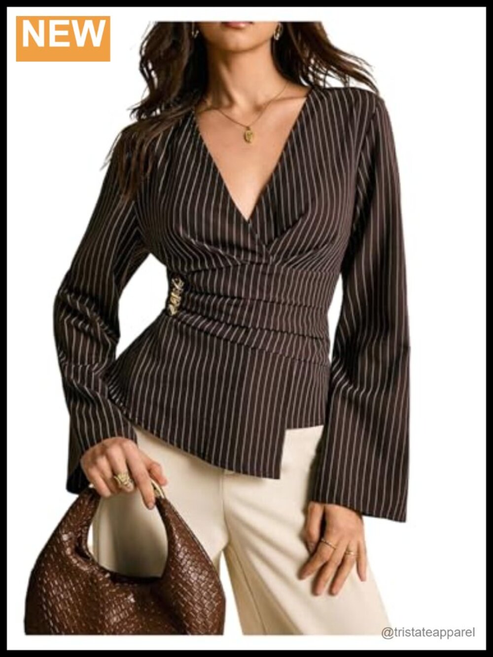 Striped V Neck Blouse Tie Back Metal Pleated Long Sleeve Work Shirt